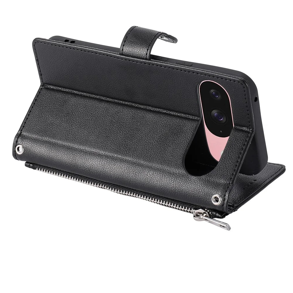 Wallet Case for Google Pixel 9 Pro XL  /  10 Pro XL Litchi Texture Zipper Pocket Stand Leather Flip Phone Cover with Wrist Strap - Black - 3