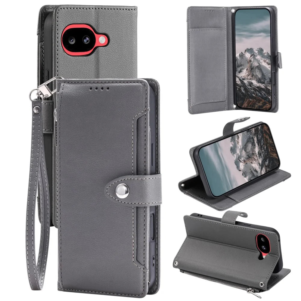 Wallet Case for Google Pixel 9a Litchi Texture Zipper Pocket Stand Leather Flip Phone Cover with Wrist Strap - Grey - 1