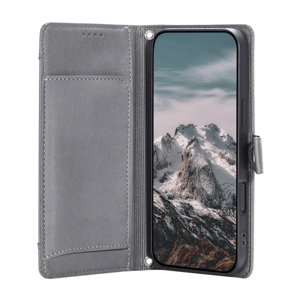 Wallet Case for Google Pixel 9a Litchi Texture Zipper Pocket Stand Leather Flip Phone Cover with Wrist Strap - Grey - 2