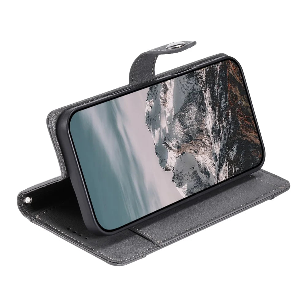 Wallet Case for Google Pixel 9a Litchi Texture Zipper Pocket Stand Leather Flip Phone Cover with Wrist Strap - Grey - 4