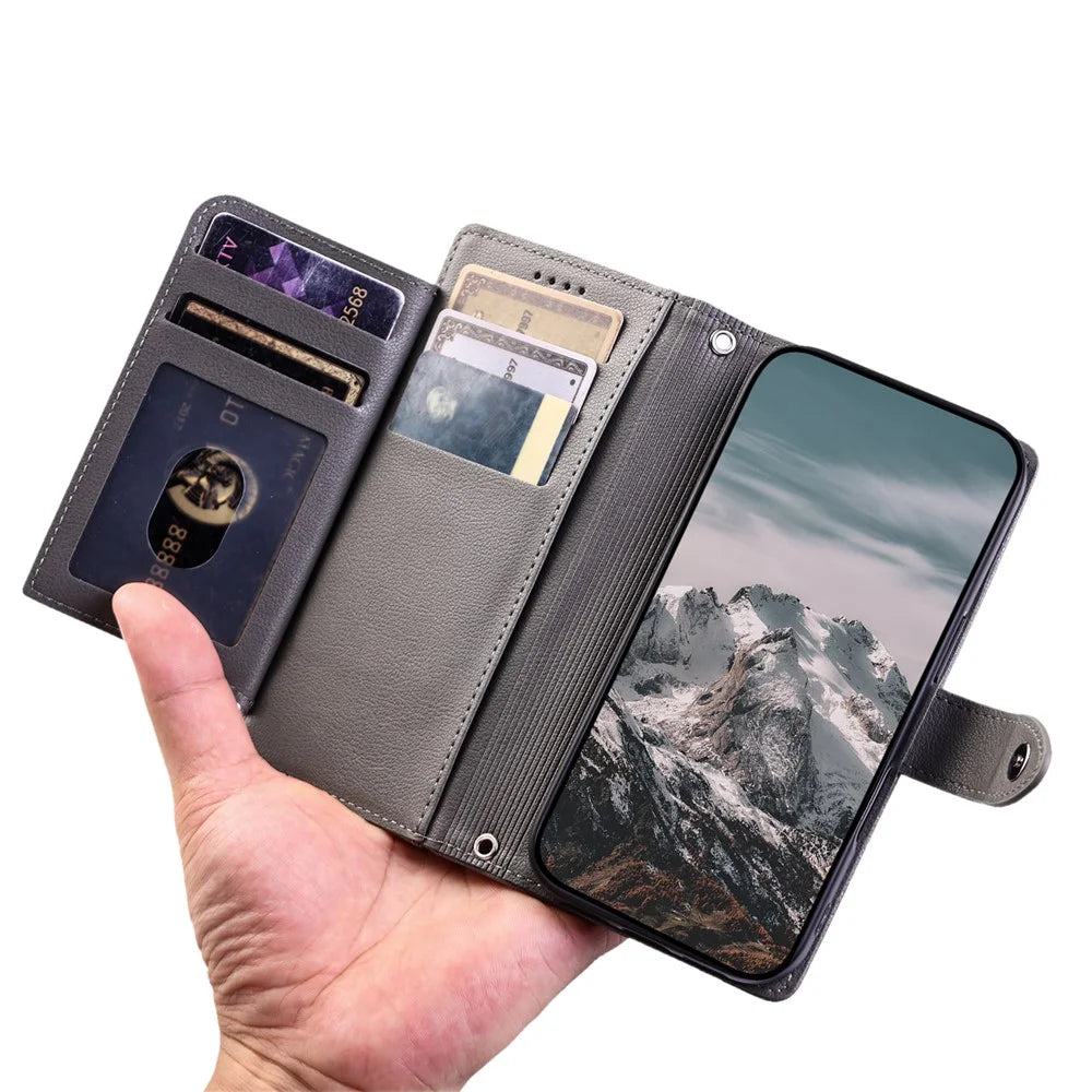 Wallet Case for Google Pixel 9a Litchi Texture Zipper Pocket Stand Leather Flip Phone Cover with Wrist Strap - Grey - 5