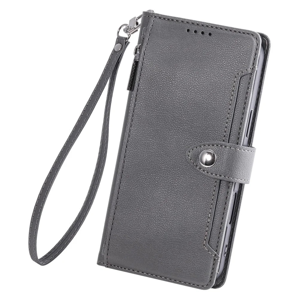 Wallet Case for Google Pixel 9a Litchi Texture Zipper Pocket Stand Leather Flip Phone Cover with Wrist Strap - Grey - 6