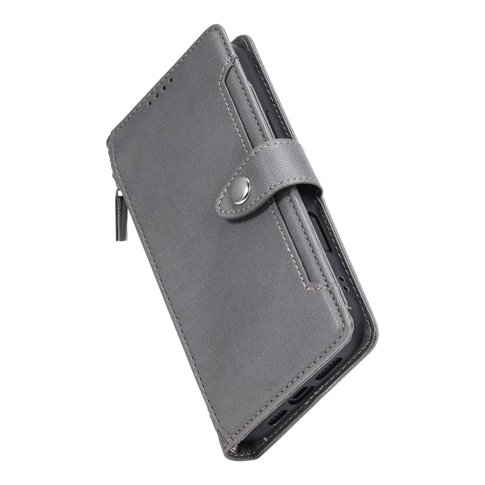Wallet Case for Google Pixel 9a Litchi Texture Zipper Pocket Stand Leather Flip Phone Cover with Wrist Strap - Grey - 7