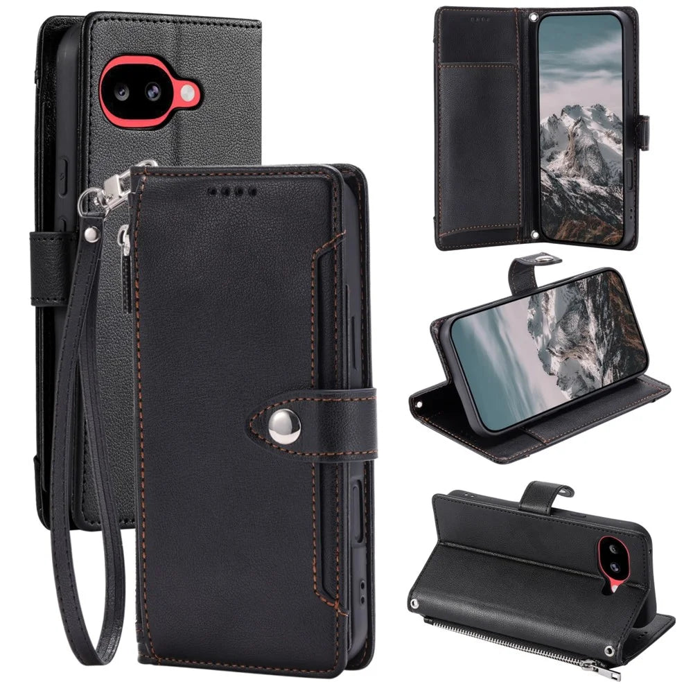 Wallet Case for Google Pixel 10a Litchi Texture Zipper Pocket Stand Leather Flip Phone Cover with Wrist Strap - Black - 1