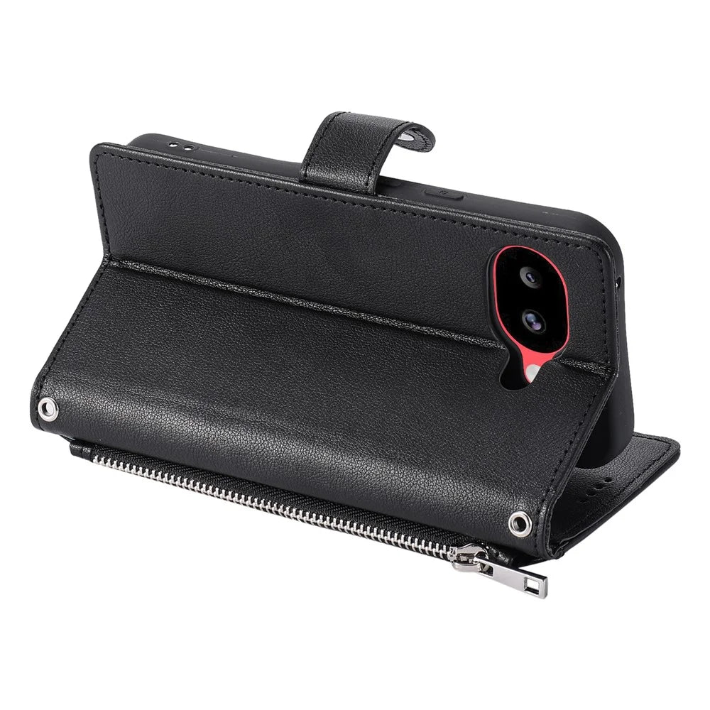 Wallet Case for Google Pixel 10a Litchi Texture Zipper Pocket Stand Leather Flip Phone Cover with Wrist Strap - Black - 3