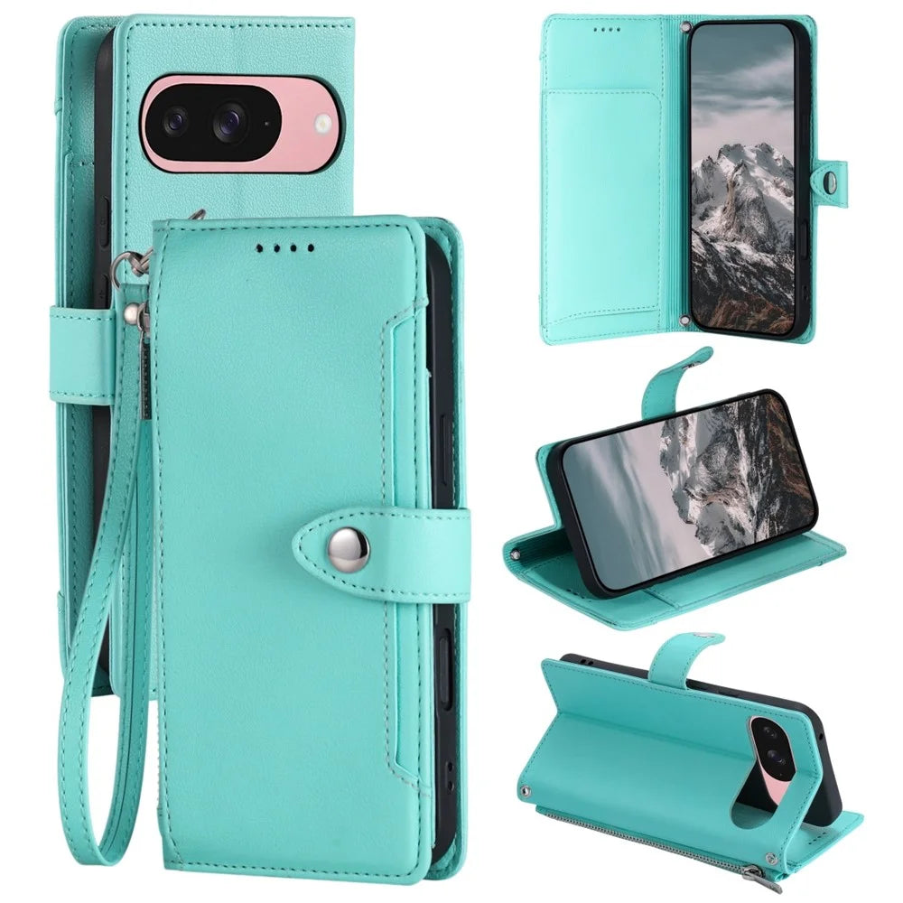 Wallet Case for Google Pixel 11  /  11 Pro Litchi Texture Zipper Pocket Stand Leather Flip Phone Cover with Wrist Strap - Mint Green - 1