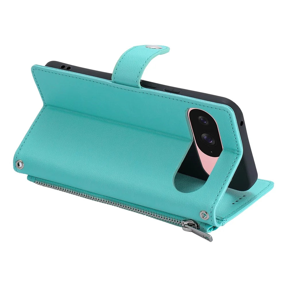 Wallet Case for Google Pixel 11  /  11 Pro Litchi Texture Zipper Pocket Stand Leather Flip Phone Cover with Wrist Strap - Mint Green - 3