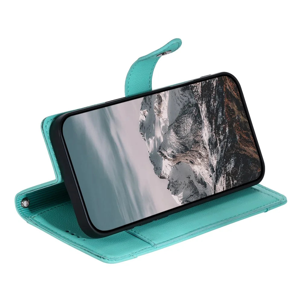 Wallet Case for Google Pixel 11 Pro XL Litchi Texture Zipper Pocket Stand Leather Flip Phone Cover with Wrist Strap - Mint Green - 4