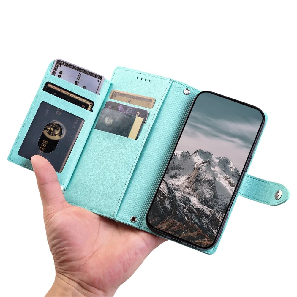 Wallet Case for Google Pixel 11 Pro XL Litchi Texture Zipper Pocket Stand Leather Flip Phone Cover with Wrist Strap - Mint Green - 5