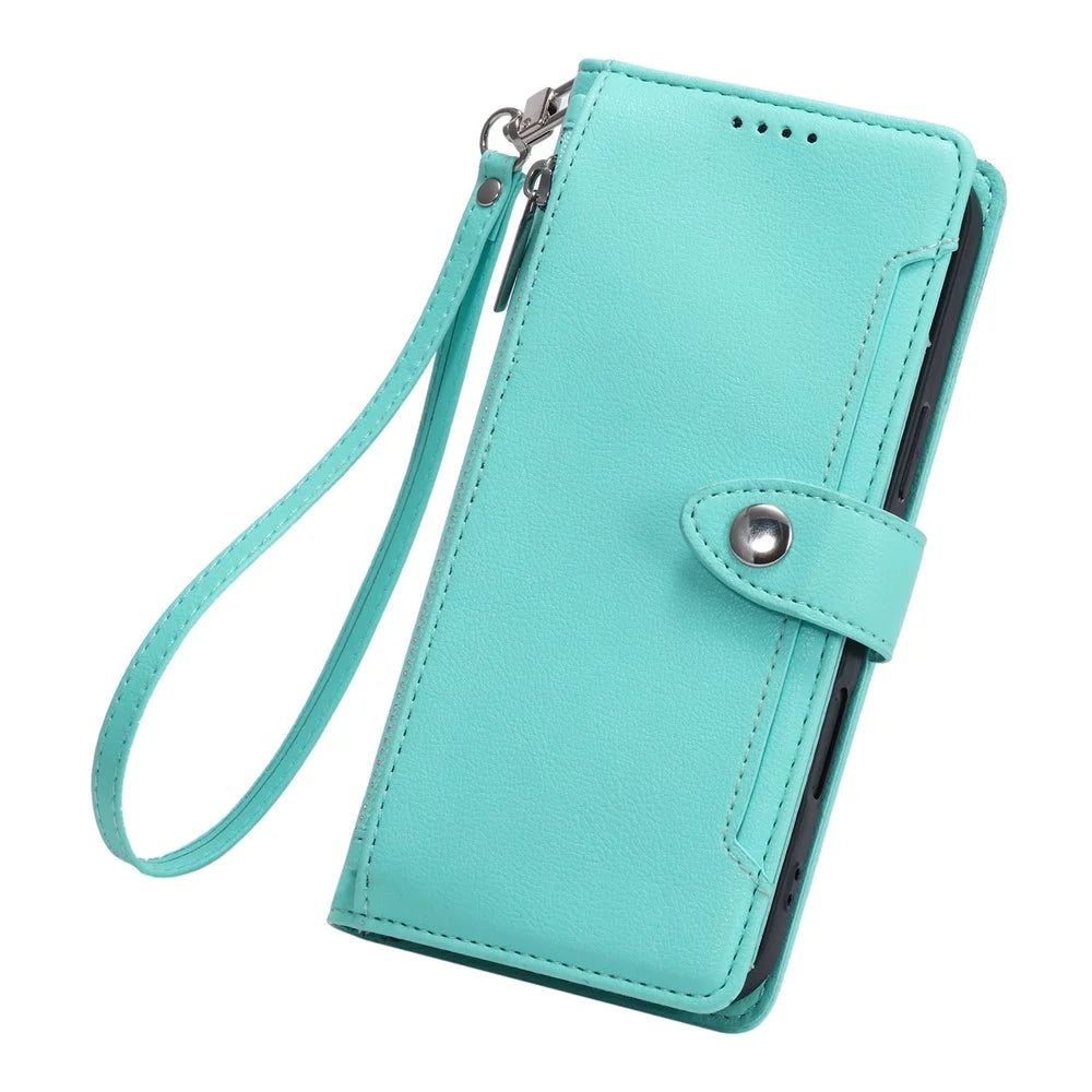Wallet Case for Google Pixel 11 Pro XL Litchi Texture Zipper Pocket Stand Leather Flip Phone Cover with Wrist Strap - Mint Green - 7