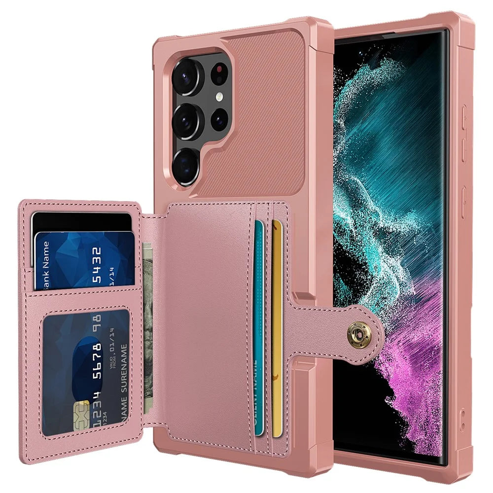 ZM03 For Samsung Galaxy S23 Ultra PU Leather Case Shockproof Card Slot Phone Cover with Magnetic Metal Sheet - Pink - 1