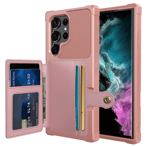 ZM03 For Samsung Galaxy S23 Ultra PU Leather Case Shockproof Card Slot Phone Cover with Magnetic Metal Sheet - Pink - 1