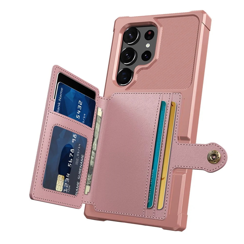 ZM03 For Samsung Galaxy S23 Ultra PU Leather Case Shockproof Card Slot Phone Cover with Magnetic Metal Sheet - Pink - 3