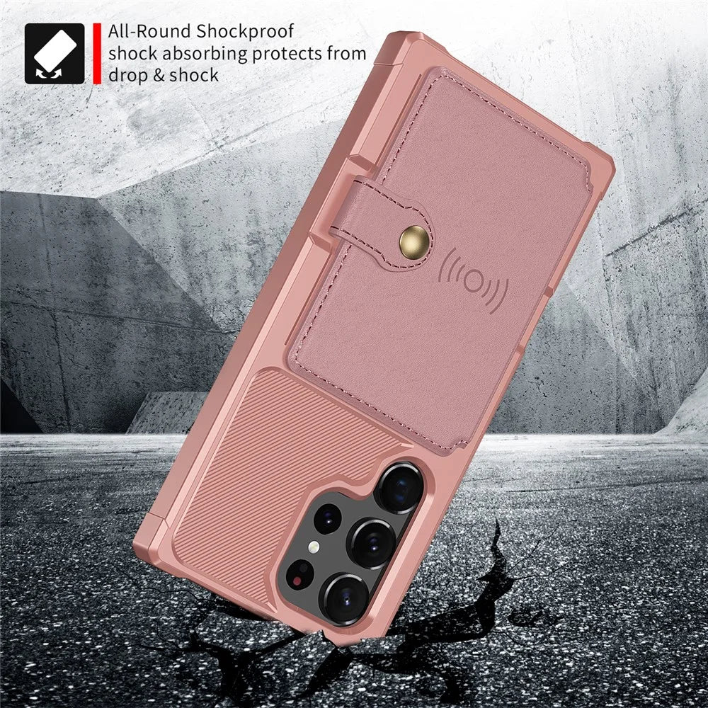 ZM03 For Samsung Galaxy S23 Ultra PU Leather Case Shockproof Card Slot Phone Cover with Magnetic Metal Sheet - Pink - 4