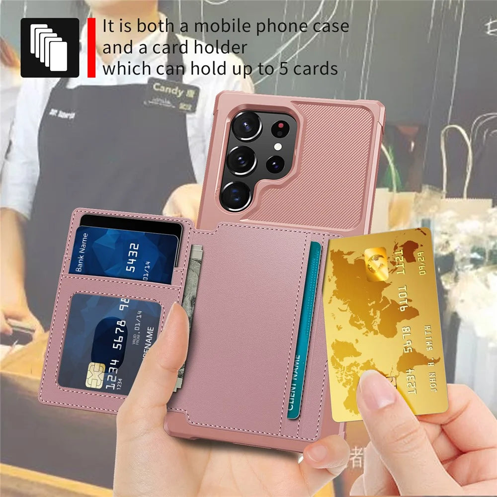 ZM03 For Samsung Galaxy S23 Ultra PU Leather Case Shockproof Card Slot Phone Cover with Magnetic Metal Sheet - Pink - 5