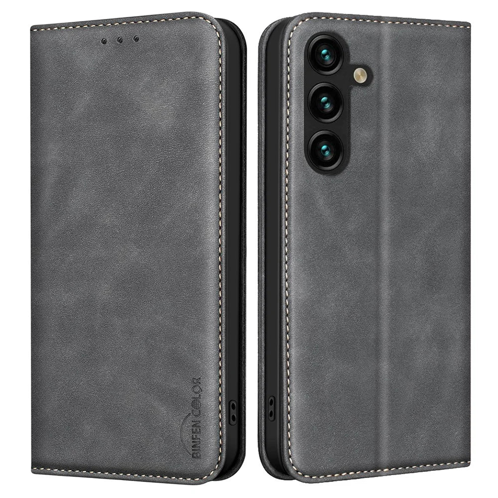 BINFEN COLOR for Samsung Galaxy A36 5G Case RFID Blocking Calf Texture PU Leather Phone Cover - Black - 1