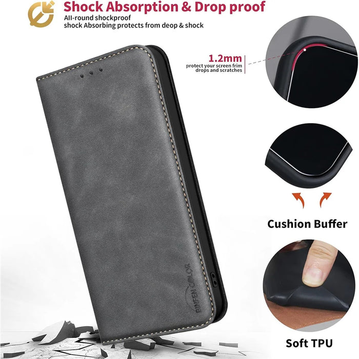BINFEN COLOR for Samsung Galaxy A36 5G Case RFID Blocking Calf Texture PU Leather Phone Cover - Black - 4