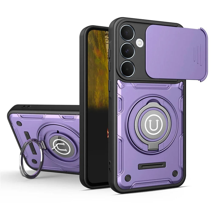 For Samsung Galaxy S26 Case with Slide Camera Cover Ring Kickstand PC + TPU Phone Shell - Purple - 1