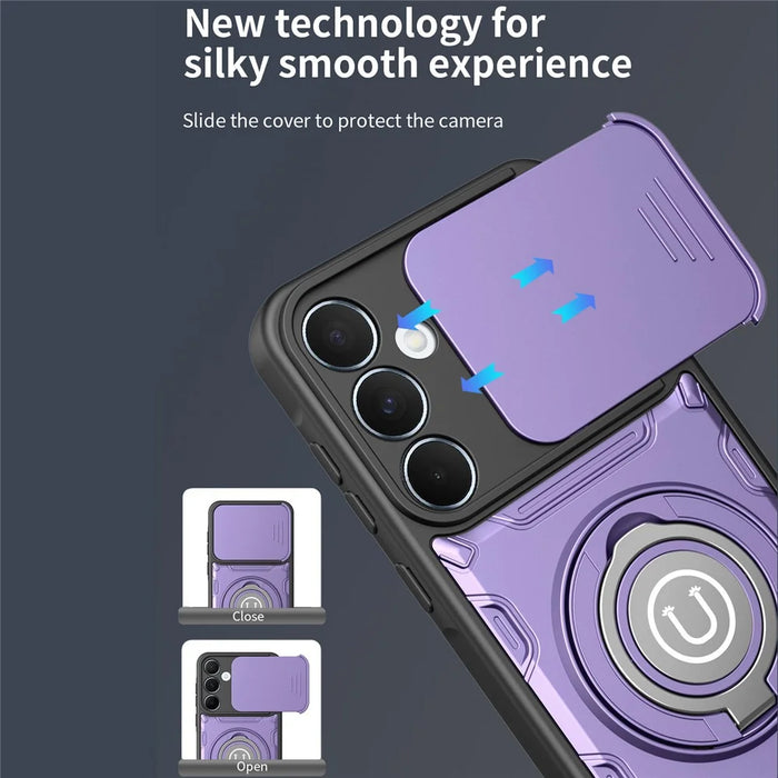 For Samsung Galaxy S26 Case with Slide Camera Cover Ring Kickstand PC + TPU Phone Shell - Purple - 3