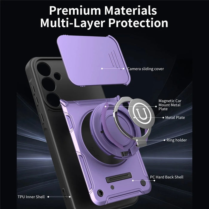 For Samsung Galaxy S26 Case with Slide Camera Cover Ring Kickstand PC + TPU Phone Shell - Purple - 6