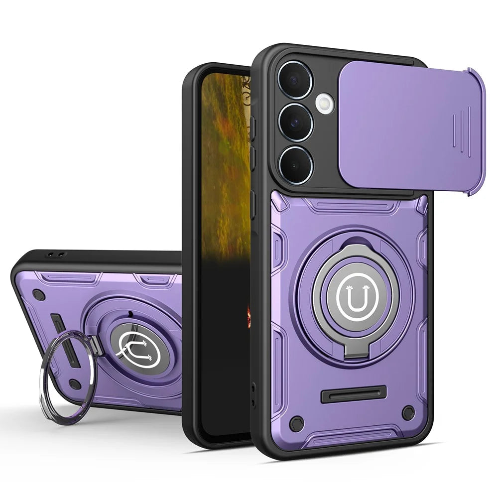 For Samsung Galaxy S26+ Case with Slide Camera Cover Ring Kickstand PC + TPU Phone Shell - Purple - Purple - 1
