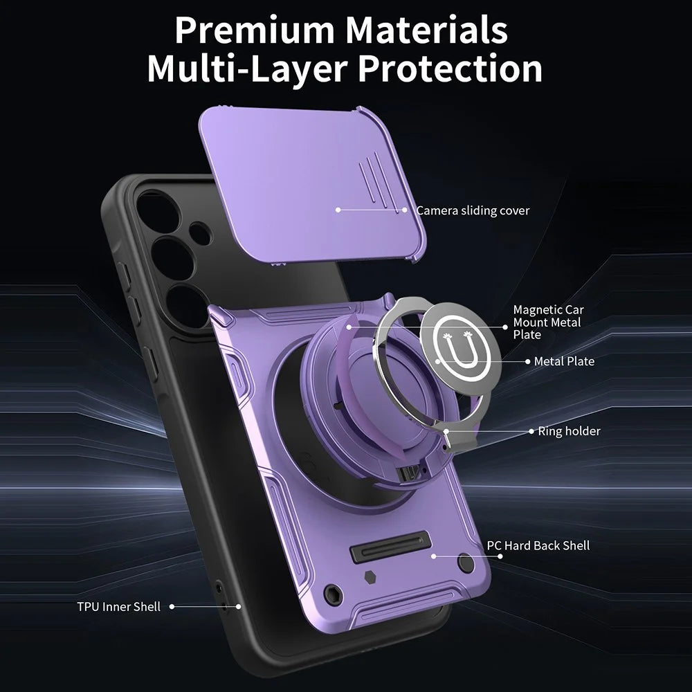 For Samsung Galaxy S26+ Case with Slide Camera Cover Ring Kickstand PC + TPU Phone Shell - Purple - Purple - 6