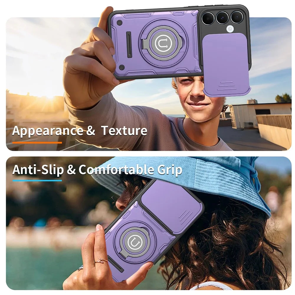 For Samsung Galaxy S26+ Case with Slide Camera Cover Ring Kickstand PC + TPU Phone Shell - Purple - Purple - 7