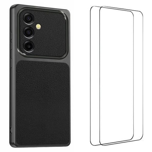 WANLONFENG XYP Series for Samsung Galaxy A37 5G Case Lambskin Texture PC TPU Precise Cutouts Phone Cover with 2Pcs Tempered Glass Film - Black - 1