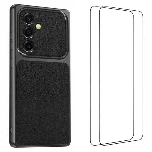 WANLONFENG XYP Series for Samsung Galaxy A37 5G Case Lambskin Texture PC TPU Precise Cutouts Phone Cover with 2Pcs Tempered Glass Film - Black - 1