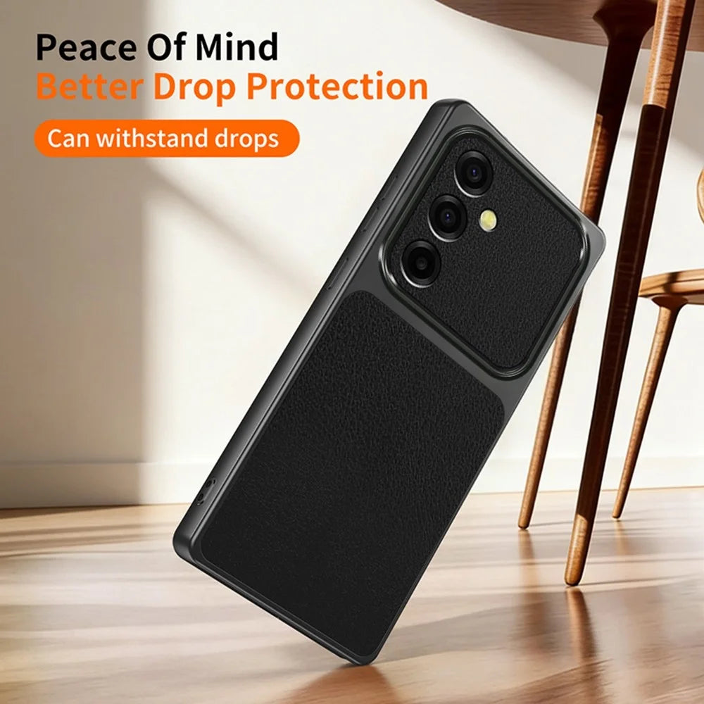 WANLONFENG XYP Series for Samsung Galaxy A37 5G Case Lambskin Texture PC TPU Precise Cutouts Phone Cover with 2Pcs Tempered Glass Film - Black - 3