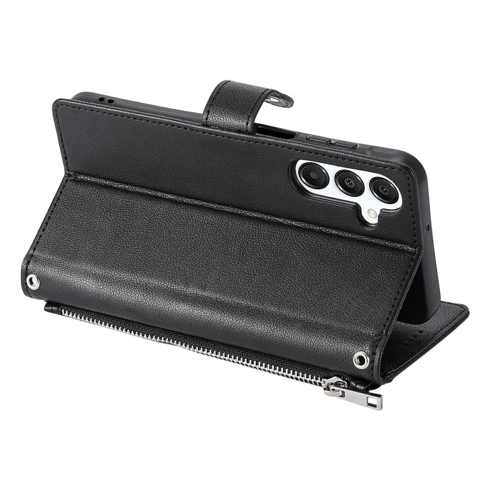 Wallet Case for Samsung Galaxy A27 5G Litchi Texture Zipper Pocket Stand Leather Flip Phone Cover with Wrist Strap - Black - 4