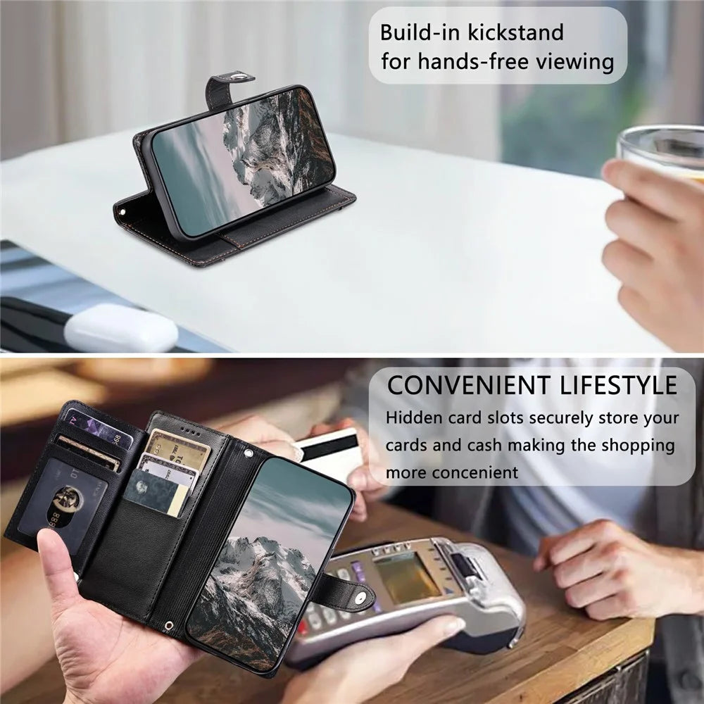 Wallet Case for Samsung Galaxy A37 5G Litchi Texture Zipper Pocket Stand Leather Flip Phone Cover with Wrist Strap - Black - 7