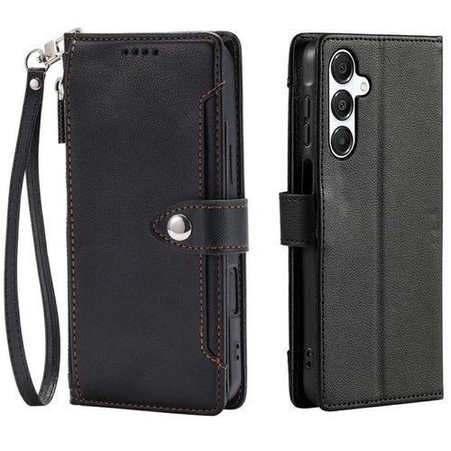 Wallet Case for Samsung Galaxy S26+ Litchi Texture Zipper Pocket Stand Leather Flip Phone Cover with Wrist Strap - Black - 1