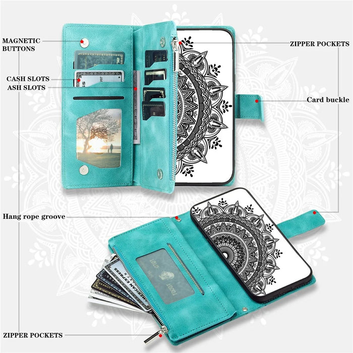 For Samsung Galaxy S26 FE Wallet Case Mandala Flower Pattern PU Leather Phone Cover with Wrist Strap - Mint Green - 4