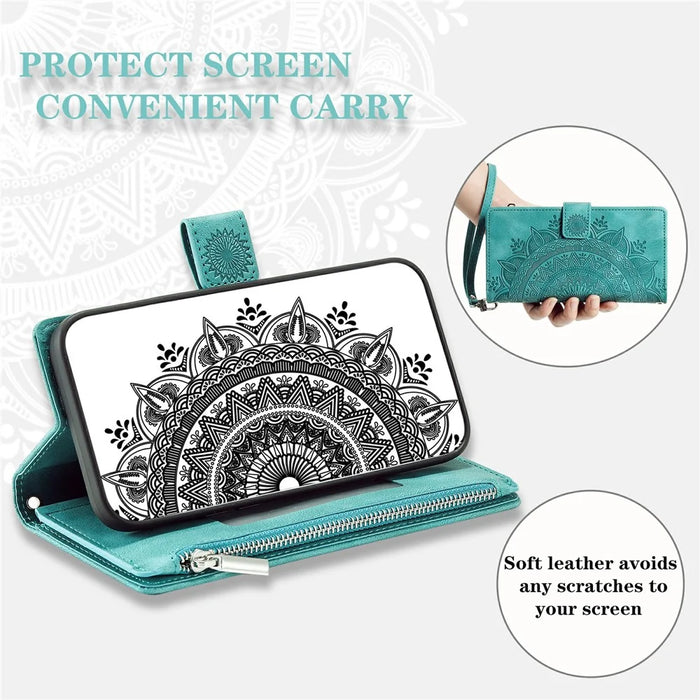For Samsung Galaxy S26 FE Wallet Case Mandala Flower Pattern PU Leather Phone Cover with Wrist Strap - Mint Green - 5