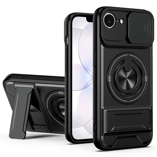 For iPhone 17e / 16e Magnetic Case Ring Holder Foldable Kickstand TPU PC Phone Cover with Camera Lens Slider - Black - 1
