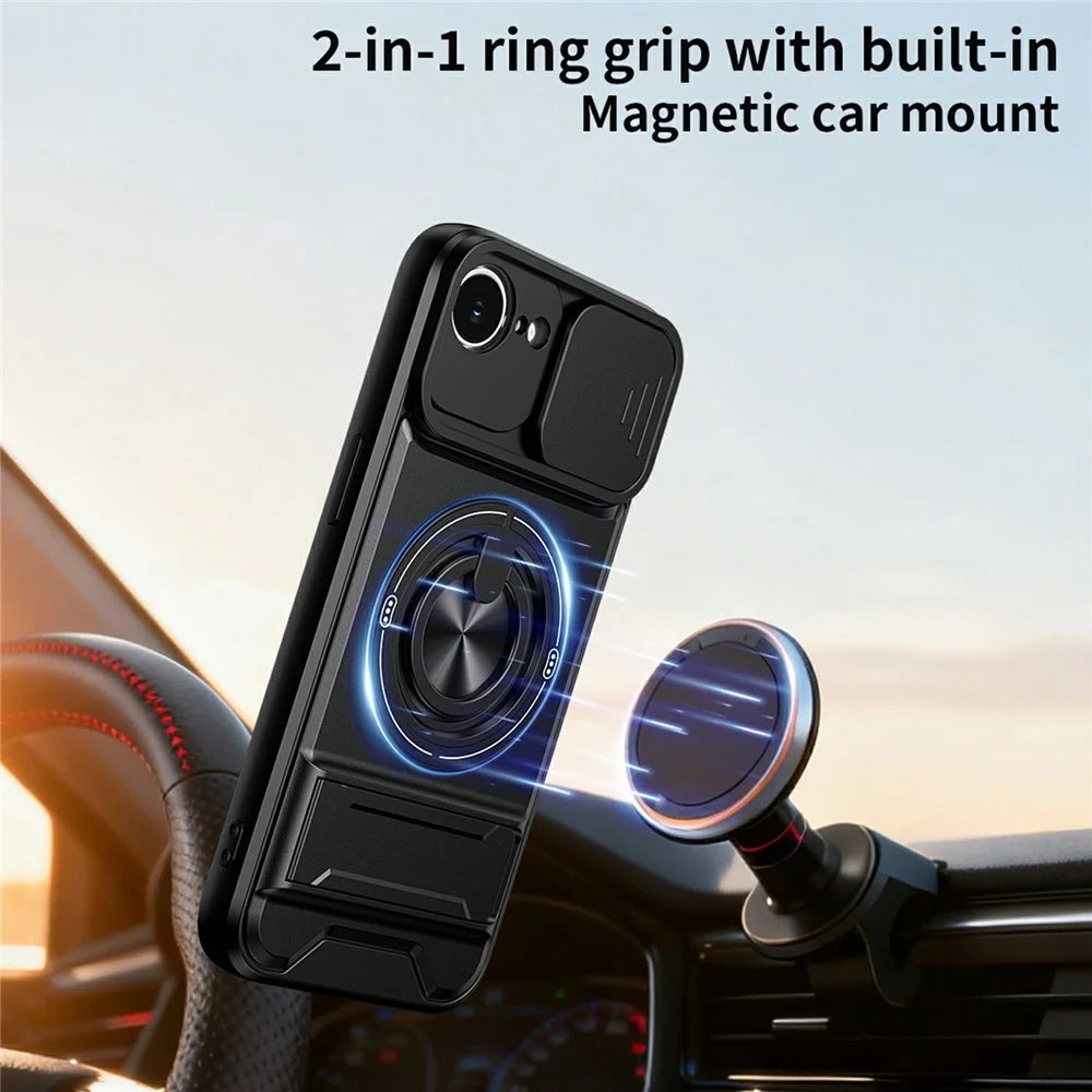 For iPhone 17e / 16e Magnetic Case Ring Holder Foldable Kickstand TPU PC Phone Cover with Camera Lens Slider - Black - 2