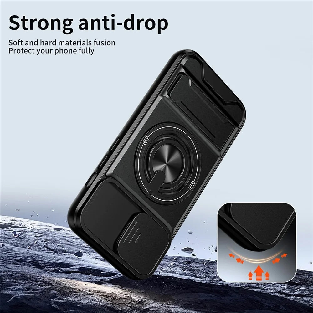 For iPhone 17e / 16e Magnetic Case Ring Holder Foldable Kickstand TPU PC Phone Cover with Camera Lens Slider - Black - 3