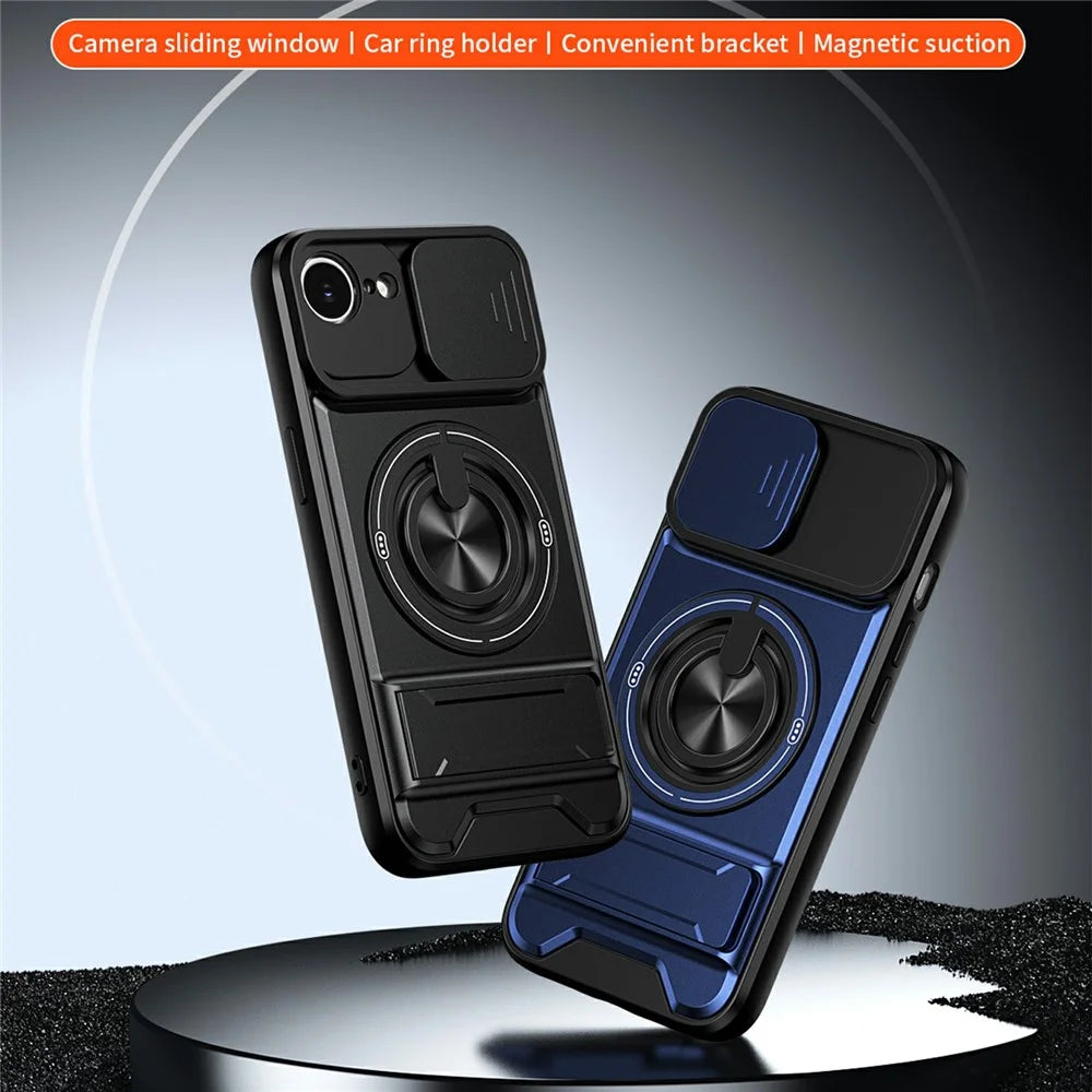 For iPhone 17e / 16e Magnetic Case Ring Holder Foldable Kickstand TPU PC Phone Cover with Camera Lens Slider - Black - 4