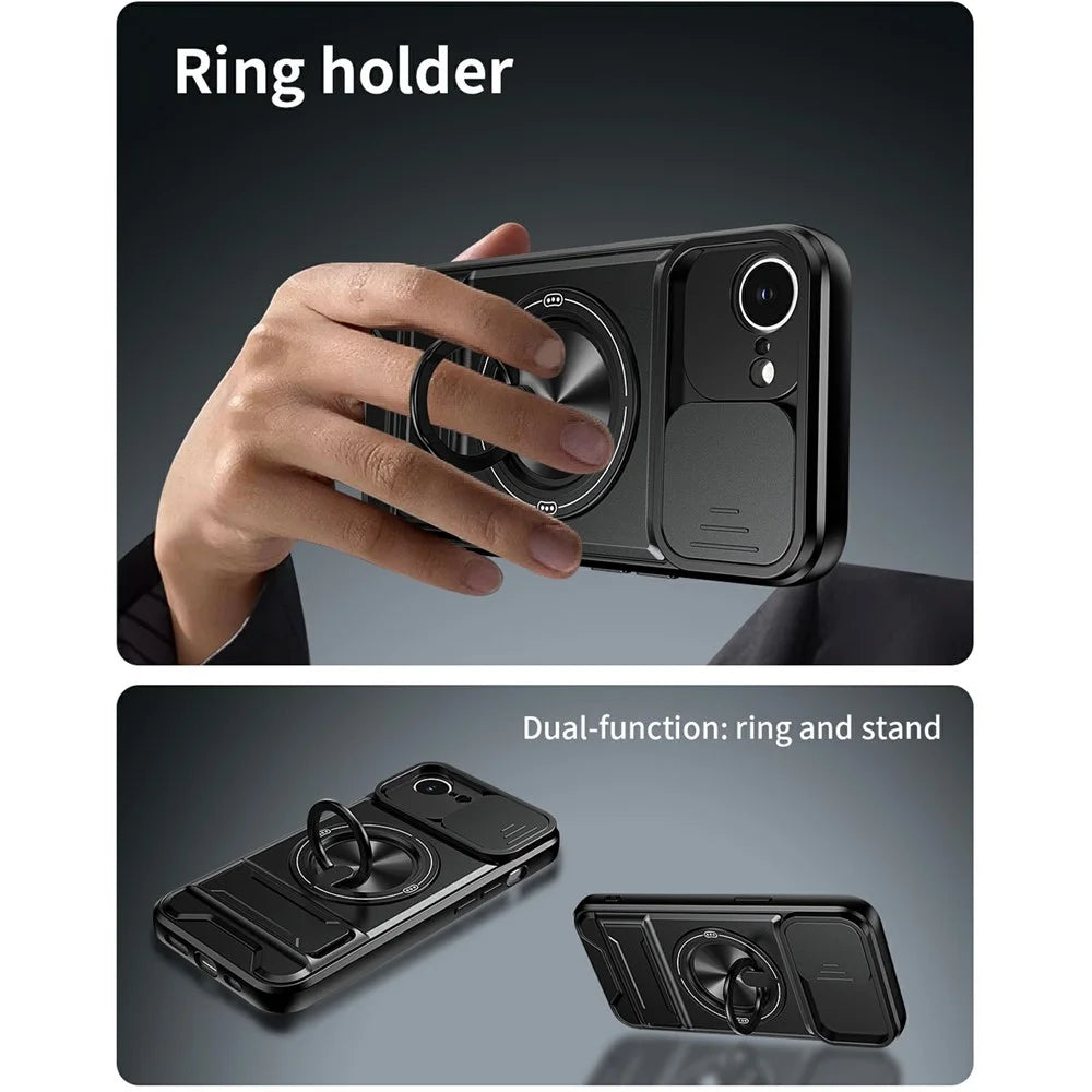 For iPhone 17e / 16e Magnetic Case Ring Holder Foldable Kickstand TPU PC Phone Cover with Camera Lens Slider - Black - 5
