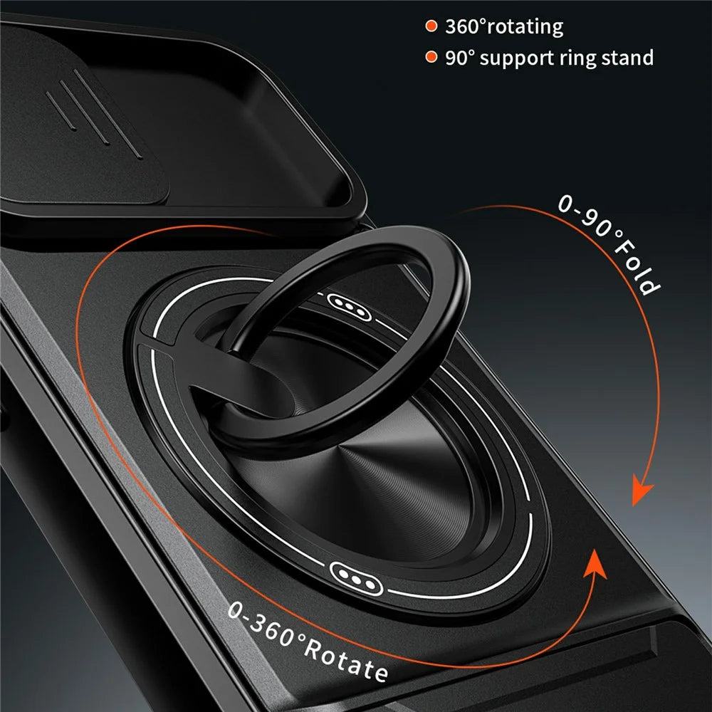 For iPhone 17e / 16e Magnetic Case Ring Holder Foldable Kickstand TPU PC Phone Cover with Camera Lens Slider - Black - 6