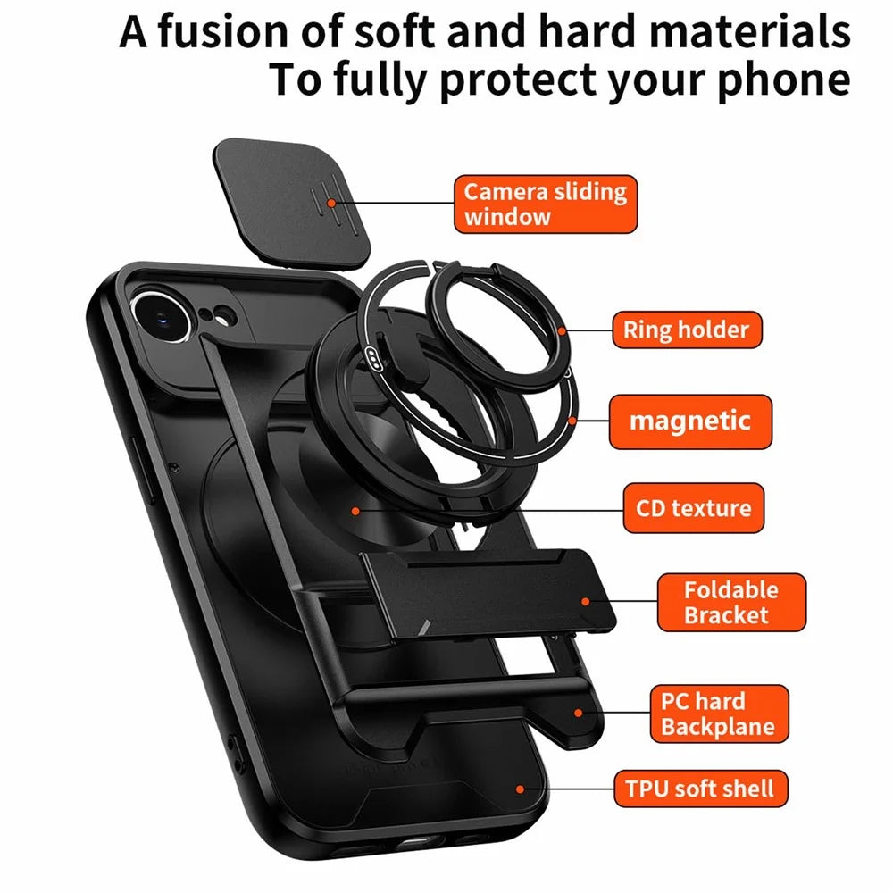 For iPhone 17e / 16e Magnetic Case Ring Holder Foldable Kickstand TPU PC Phone Cover with Camera Lens Slider - Black - 7