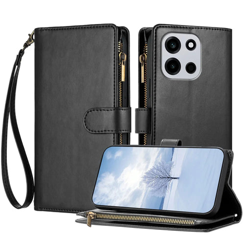 For OnePlus Nord CE6 5G / Turbo 6V 5G / Turbo 6 5G / Nord 6 5G Leather Case Zipper Wallet Stand Shockproof Phone Cover with Wrist Strap - Black - 1
