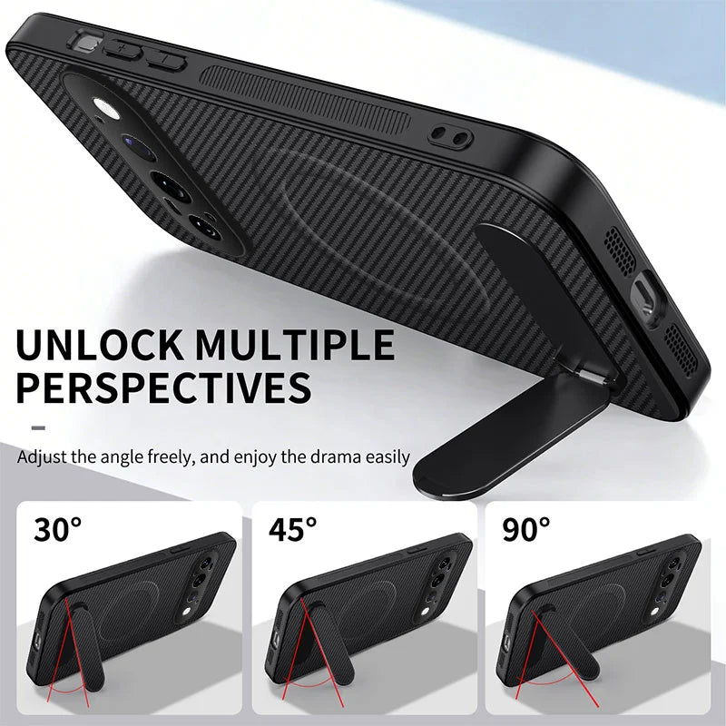 WANLONFENG for Google Pixel 11 Pro QT Series Magnetic Case Kickstand Carbon Fiber Texture PC TPU Phone Cover - Black - 4