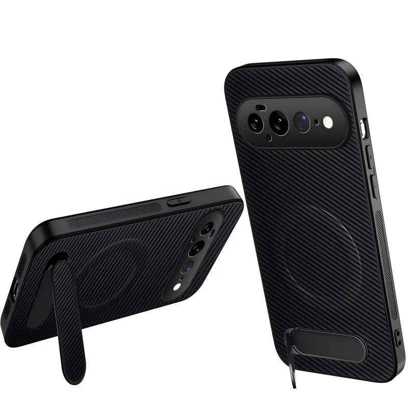 WANLONFENG for Google Pixel 11 Pro XL QT Series Magnetic Case Kickstand Carbon Fiber Texture PC TPU Phone Cover - Black - 1
