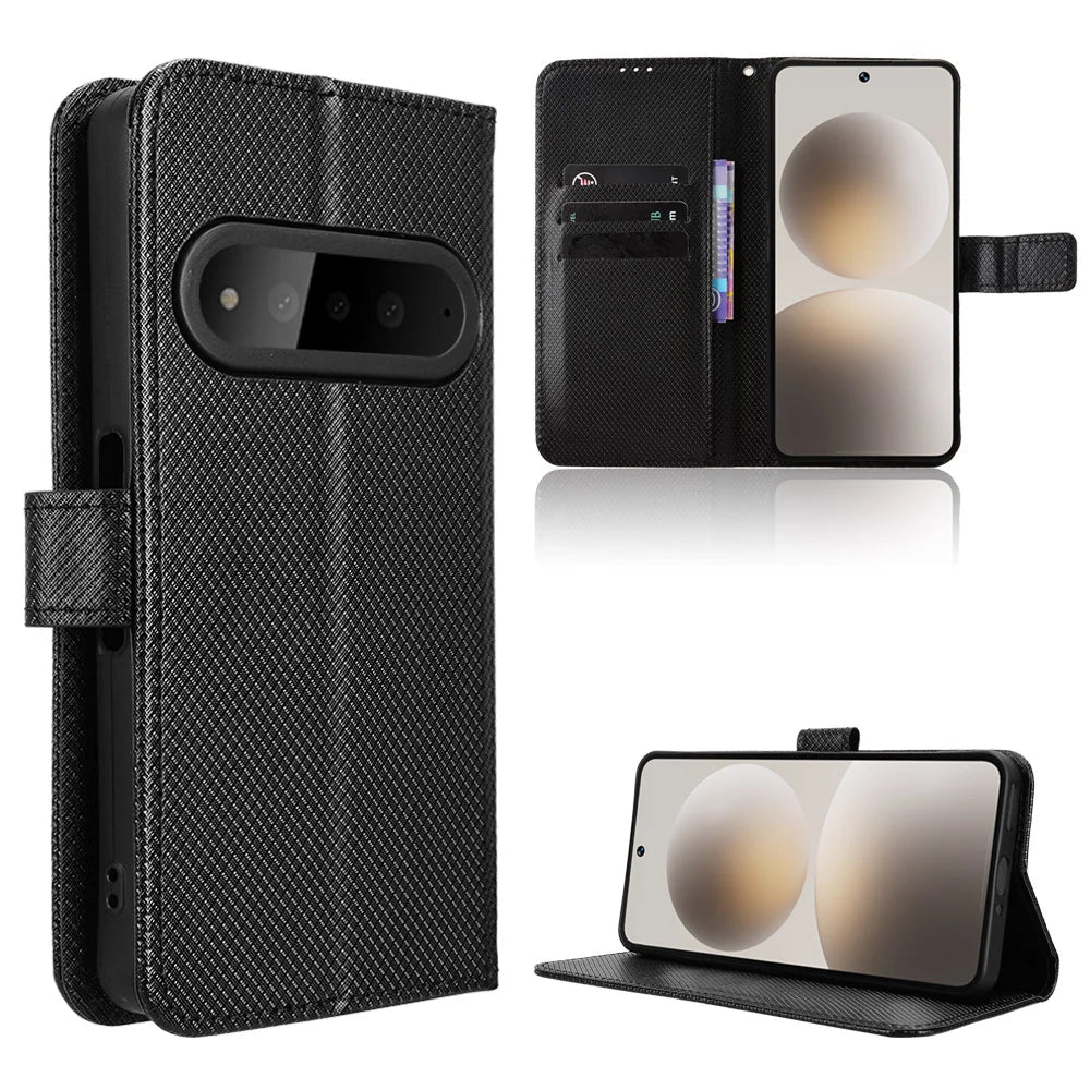 For Natural AI Phone Leather Wallet Case with Strap Diamond Texture Phone Cover - Black - 1
