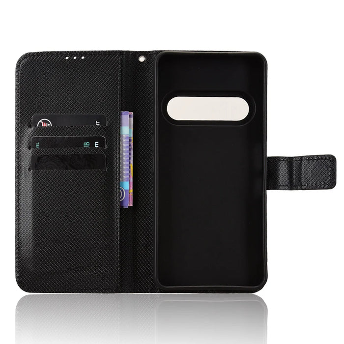 For Natural AI Phone Leather Wallet Case with Strap Diamond Texture Phone Cover - Black - 5