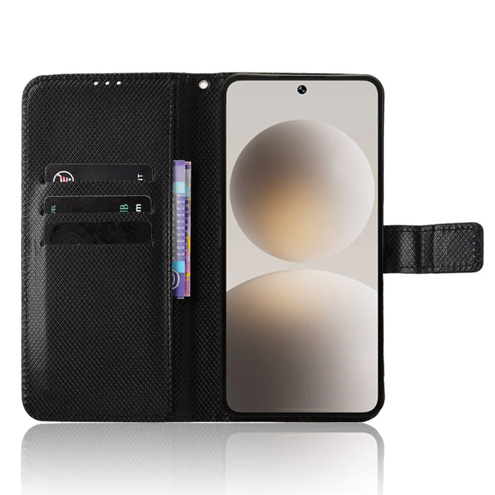 For Natural AI Phone Leather Wallet Case with Strap Diamond Texture Phone Cover - Black - 6