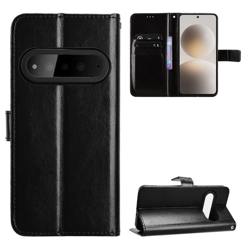 For Natural AI Phone PU Leather Case with Strap Crazy Horse Texture Phone Wallet Cover - Black - 1