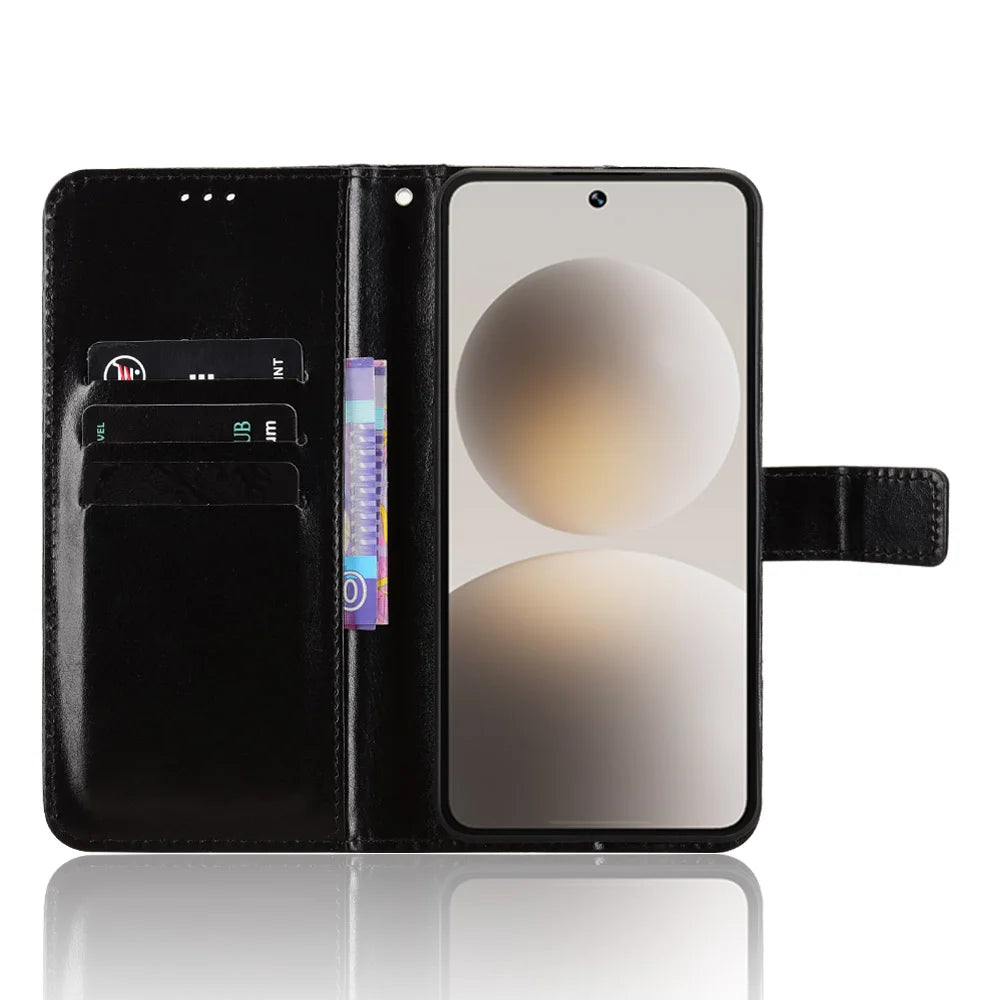 For Natural AI Phone PU Leather Case with Strap Crazy Horse Texture Phone Wallet Cover - Black - 5
